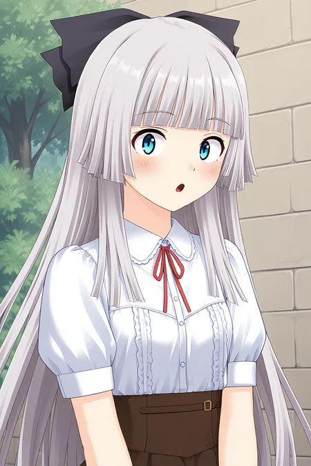 masterpiece, best quality, absurdres, official art, official style, rating general BREAK <lora:rokujoumiyaho_IL_v1:0.7>, rokujou miyaho, 1girl, solo, blue eyes, grey hair, very long hair, blunt bangs, hime cut, straight hair, blunt ends, sidelocks, hair bow, black bow, small breasts,
casual, dress shirt, blouse, red ribbon, neck ribbon, white shirt, wing collar, collared shirt, frilled shirt, frilled shirt collar, center frills, buttons, puffy short sleeves, frilled sleeves, brown skirt, close-up, portrait, outdoors, high-waist skirt,
blush, open mouth, :o, surprised, looking at viewer, wide-eyed, d: