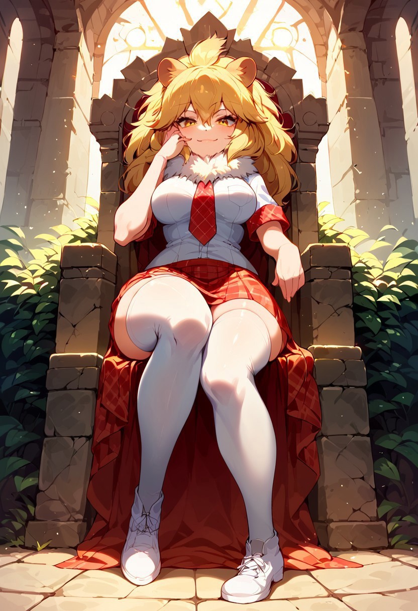 safe_pos, 1girl, ((solo)), best quality, ultra-detailed, extremely detailed, perfect anatomy, masterpiece, score_9, score_8_up, score_7_up, Expressiveh, lion (kemono friends), blonde hair, animal ears, tail, yellow eyes, long hair, hair between eyes, white shirt, short sleeves, fur collar, red skirt, plaid skirt, red necktie, plaid necktie, thighhighs, breast pocket, white shoes, medium breasts, thick thighs, wide hips, thigh squish, full body, indoors, medieval ruins, throne room ruins, stone throne, plant overgrowth, light shining in through windows, windows on sides, sitting in throne, leaning into throne, one leg crossed, resting elbow on leg, leaning forward, resting hand on cheek, confident look, confident smile, smug smile, staring at viewer, viewed from below, dynamic lighting, portrait shot, 