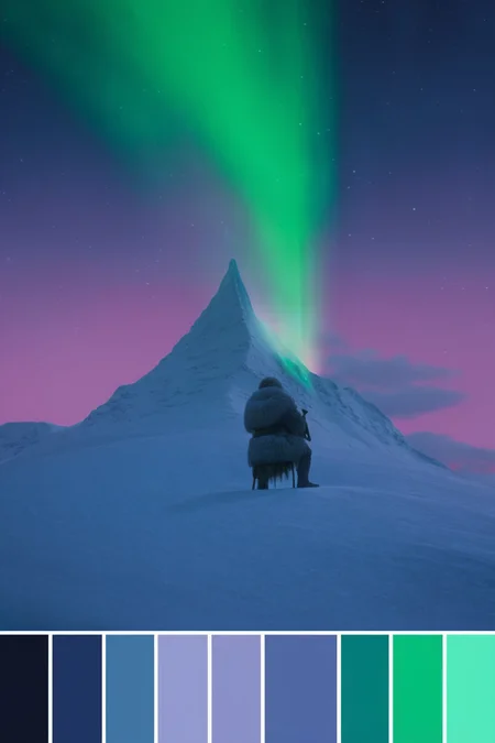 <lora:Cinema Color Palette:1>Color Palette - A snowy mountain peak under a shimmering aurora. A lone figure in heavy furs plays a haunting tune on an ancient flute.