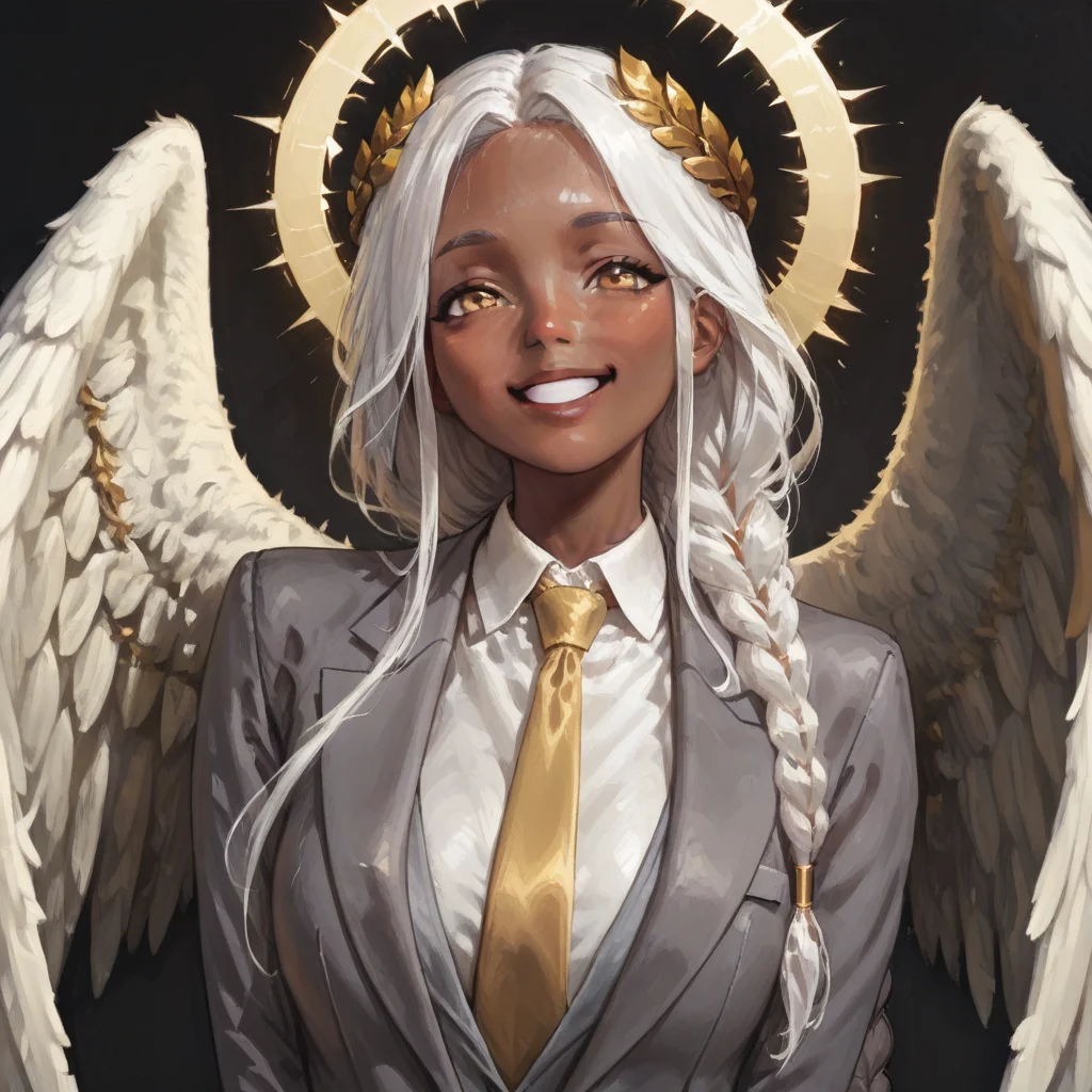 masterpiece, best quality, newest, absurdres, highres, DPILV1.0, 1girl, dark skin, dark-skinned female, grey suit, suit official attire, official clothes, nectie, yellow necktie, white hair, long hair, braid, single braid, angel, angel girl, halo, wings, angel wings, smile, happy, open eyes, golden eyes, laurel crown,
