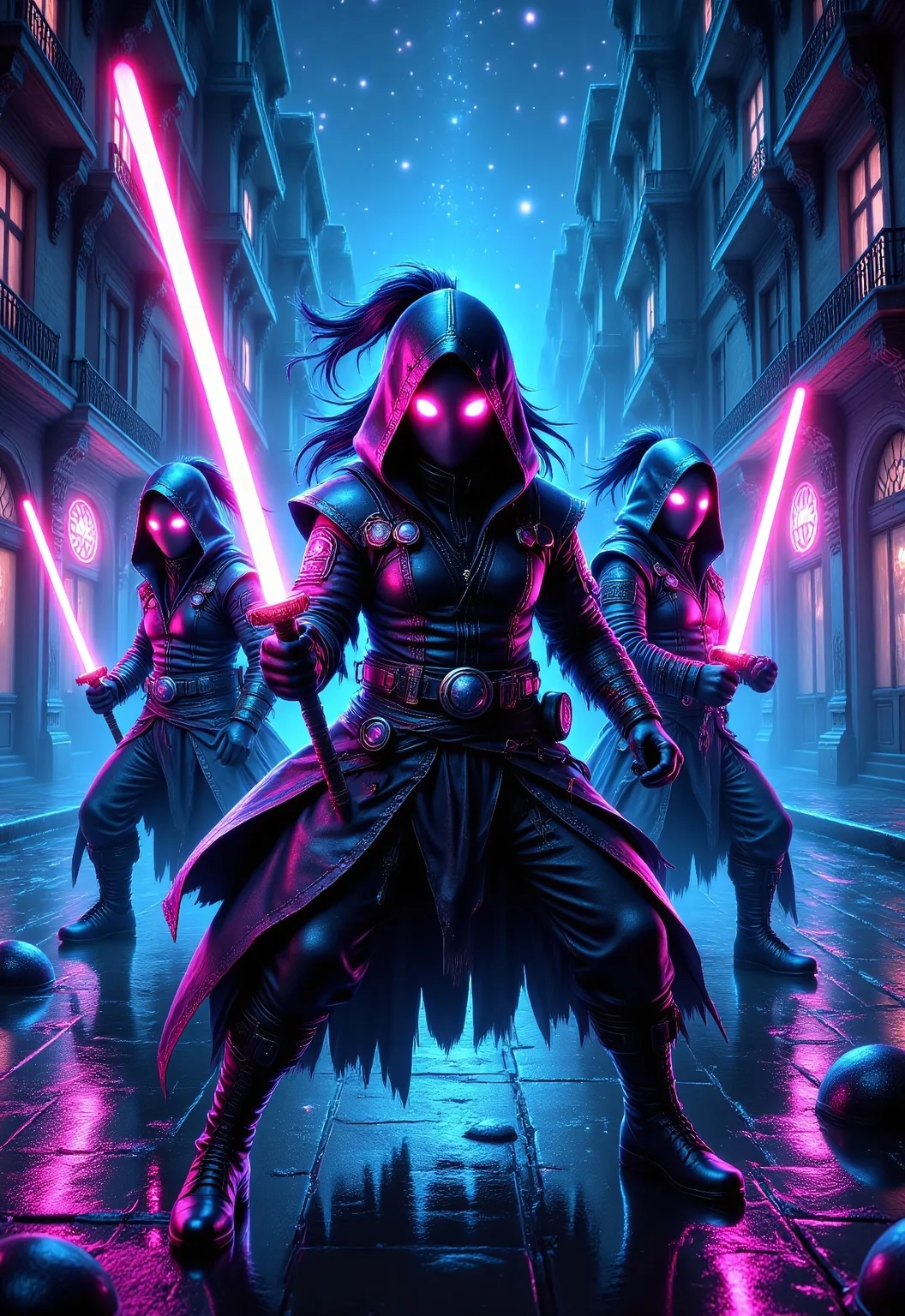 aidmadalle3, aidmaimageupgrader, a high quality digital image of Metagalactic Ninjas Battle at the Edge of Time, they glow at night