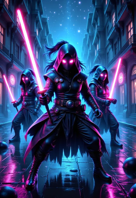 aidmadalle3, aidmaimageupgrader, a high quality digital image of Metagalactic Ninjas Battle at the Edge of Time, they glow at night
