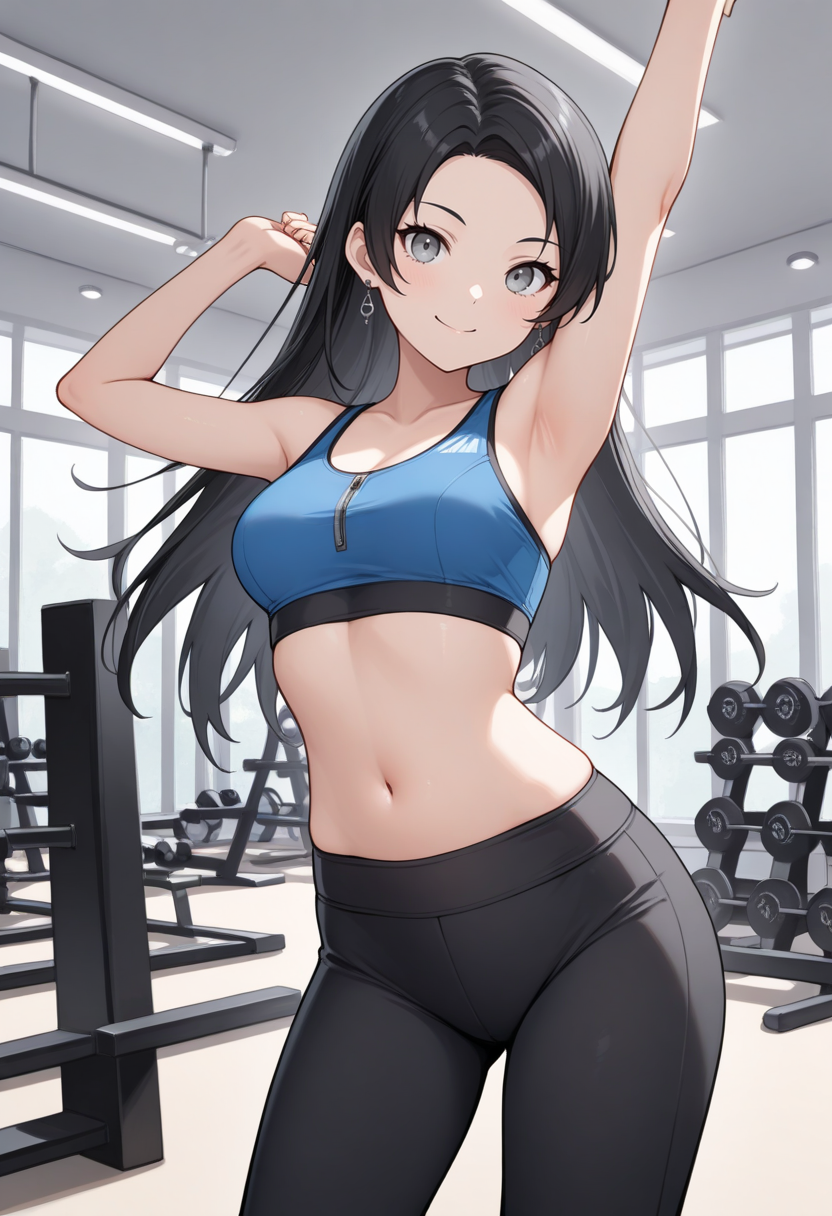 masterpiece, best quality, 1girl, solo, looking at viewer, cowboy shot, smile, gym, stretching
blue sports bra, black yoga pants
 <lora:zs_AsahiILLU:1> asahismtiva, long hair, black hair, grey eyes