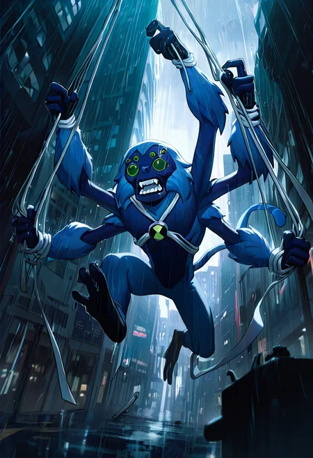 masterpiece, best quality, amazing quality, very aesthetic, absurdres, newest,, detailed background, 
spidermonkey, extra eyes, solo, blue skin, extra arms, long blue tail, , green eyes, teeth, blue hair, , teeth, fangs, four arms, 
in city, raining, swinging, between buildings, white rope, holding white rope