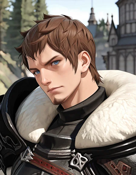 masterpiece, best quality, newest, perfect quality, best quality, detailed background, intricate details, male focus, solo, anime, <lora:FFXIV - Ardbert Hylfyst - Illustrious 2_3-000004:0.7>, ardbert_ffxiv, 1boy, mature male, short hair, brown hair, blue eyes, goatee, fur-trimmed collar, fur-trimmed pauldrons, armor, from side, looking at viewer, head tilt, outdoors, portrait
