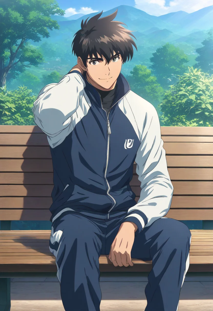 masterpiece,high score,great score,absurdres,goro shigeno,goro shigeno\(east mifune\),1boy,male focus,solo,track suit,sitting,jacket,bench,tohno shiki,smile,track jacket,long sleeves,raglan sleeves,outdoors,pants,track pants,<lora:Goro_Shigeno_V1-1:0.8>,official art,