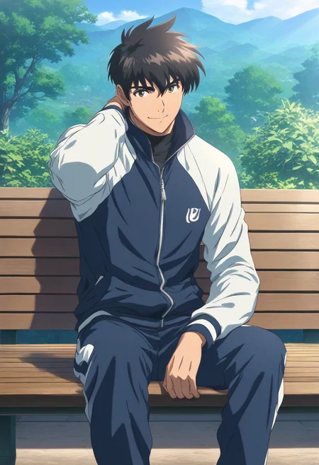 masterpiece,high score,great score,absurdres,goro shigeno,goro shigeno\(east mifune\),1boy,male focus,solo,track suit,sitting,jacket,bench,tohno shiki,smile,track jacket,long sleeves,raglan sleeves,outdoors,pants,track pants,<lora:Goro_Shigeno_V1-1:0.8>,official art,