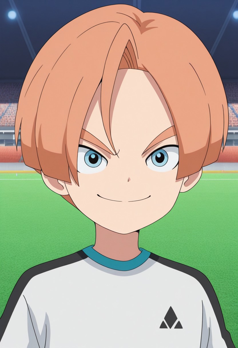 masterpiece,best quality,amazing quality, source_anime,
malikkuabel, 1boy, male focus, solo, blue eyes, orange hair, orion trainee soccer uniform, white shirt, smile, determined, portrait,
outdoor, stadium, grass,