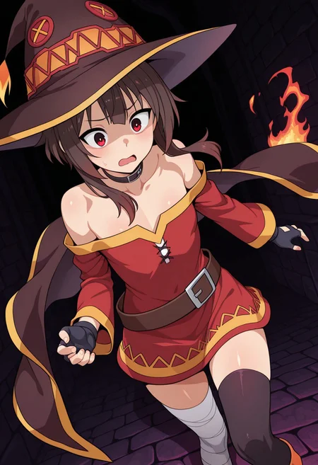 Masterpiece, best quality, ultra-detailed, dynamic angle, dynamic composition, vibrant colors, high contrast, thick lines, strong shadows, saturated colors,1girl,solo,
megumin, red eyes, brown hair, short hair with long locks,
witch hat, red dress, short dress, off-shoulder dress, collarbone, choker, black thighhighs, belt, bandaged leg, single thighhigh, cape, fingerless gloves, mismatched legwear, asymmetrical legwear,
inside a dungeon, (((dark corridors))), darkness, stony, surprised, scared, uncontrolled fire, burning clothes,