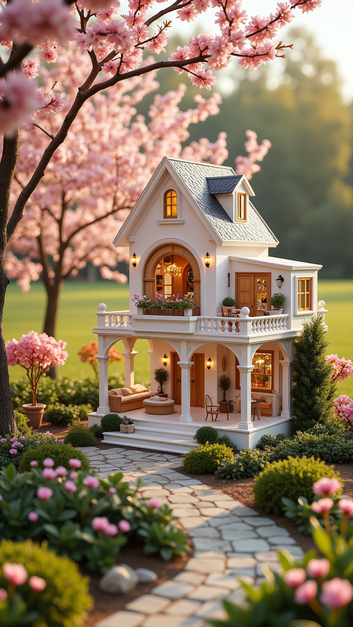 photograph, sharp and in focus, A luxurious sharp focus and Mediterranean Dollhouse mille-feuille with a cherry blossom pink stripe Public Relations the side speeds through a Encapsulated Pixie hollow, surrounded by magnificent White Transhumanist city and midweight grass. chocolate marquise is setting, still lighting, aidmaMJ6.1