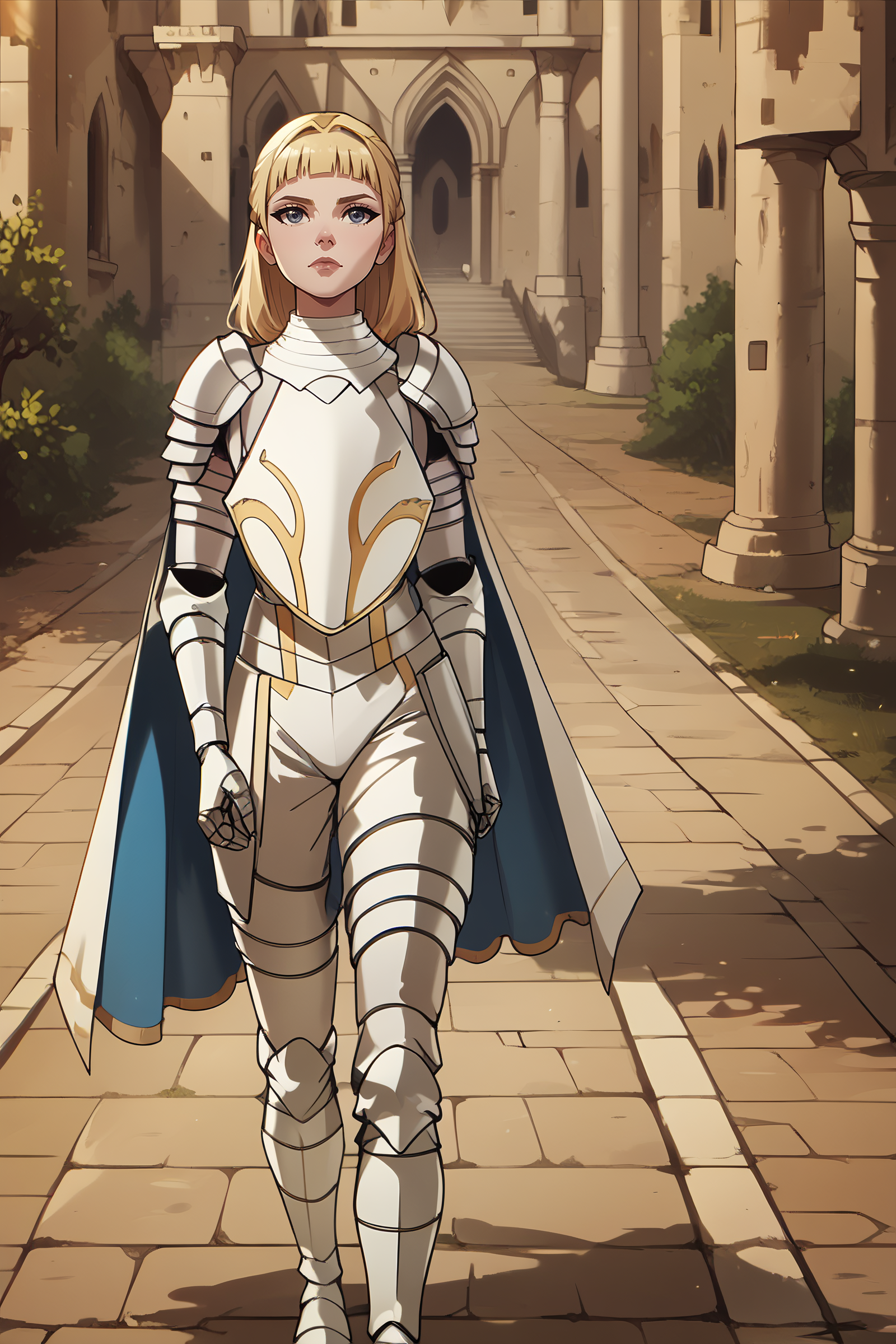 score_9, score_8_up, score_7_up, score_6_up  <lora:alistair:1> alistair, armor, pauldrons, capelet, gauntlets, breastplate, walking, castle, looking at viewer, head tilt