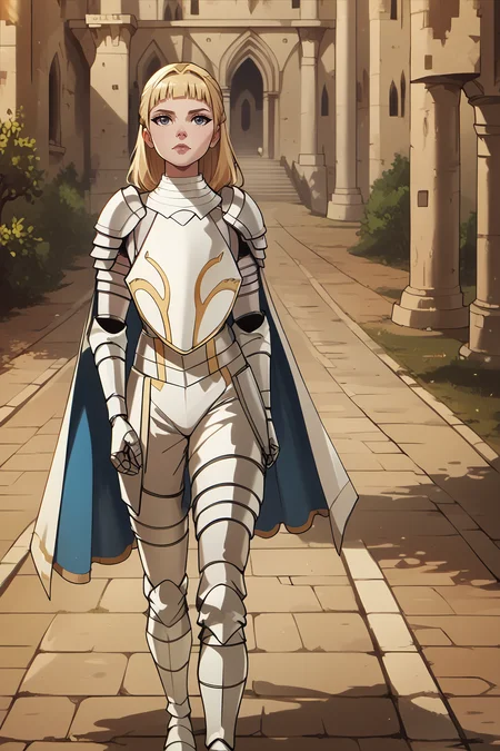 score_9, score_8_up, score_7_up, score_6_up <lora:alistair:1> alistair, armor, pauldrons, capelet, gauntlets, breastplate, walking, castle, looking at viewer, head tilt