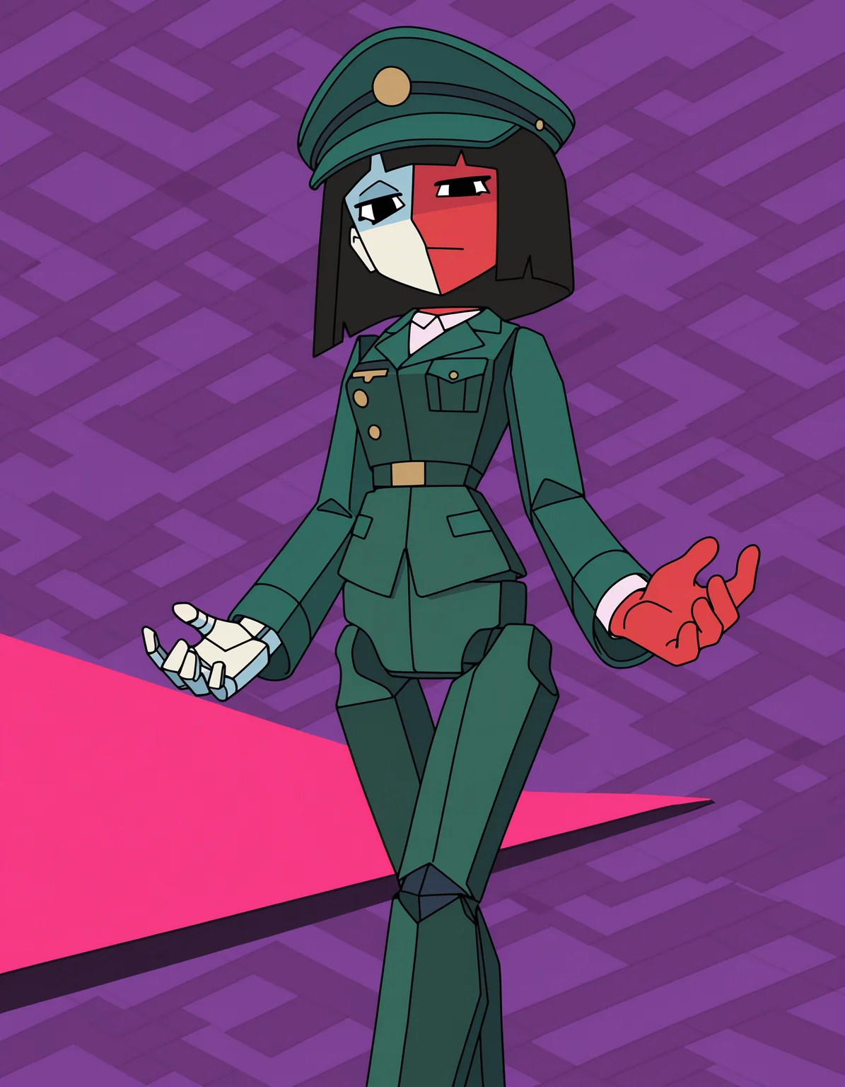 <lora:ENABBQILXL_V1T4:0.8> ena, 1girl, solo, white skin, red skin, multicolored skin, split color, short hair, bob cut, black hair, green hat, military uniform, pants, low poly, geometric body, asymmetrical design, void eyes,(triangular eyes:1.1), segmented joints, very aesthetic, absurdres, looking at viewer, (dynamic pose:1.1), pay respect, triangle background
