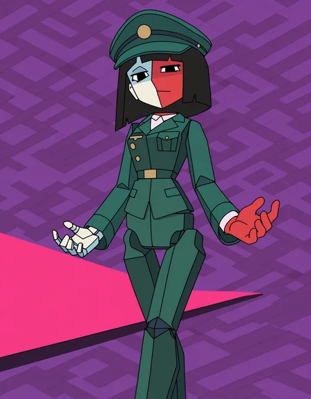 <lora:ENABBQILXL_V1T4:0.8> ena, 1girl, solo, white skin, red skin, multicolored skin, split color, short hair, bob cut, black hair, green hat, military uniform, pants, low poly, geometric body, asymmetrical design, void eyes,(triangular eyes:1.1), segmented joints, very aesthetic, absurdres, looking at viewer, (dynamic pose:1.1), pay respect, triangle background