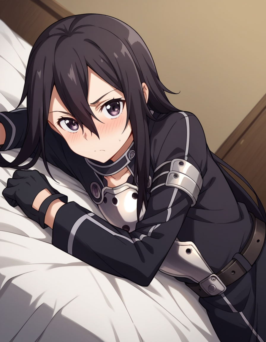 score_9, score_8_up, score_7_up, source_anime, <lora:kazuto-kirigaya-s2-ponyxl-lora-nochekaiser:1>, kazuto kirigaya, long hair, black hair, male focus, black eyes, otoko no ko, androgynous, hair between eyes,, gloves, armor, breastplate, belt, long sleeves, black jacket,, indoors, bed, bed room, on side, blush, drunk, looking at viewer, solo,, cowboy shot, dutch angle