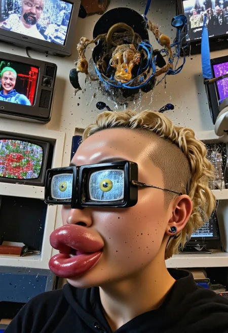front perspective face is split into four distinct cut parts like salvador dali's painting 'madonna in particles', each part with very sharp lines so you can see the cutaway of the face like a science diagram.  woman with tv screens for eyes covered in water dripping wet covered in mustard front profile staring down camera with a laughing expression hot of blond woman with curly blonde bob hair and shaved sides 18 years old with very large mohawk with television screens for eyes with phone screens for eyes and extremely large lips, very swollen puffy lips collagen injected lips, comical sized collagen lips. very strange surrealist style with holographic vortex featuring swirls of holotropic colour and glowing eyes wet distorted factory shot. On the television sets are glowing hands, with electricity coming off the finger tips. swirling around her head are holograms of  glyphs chaos magick symbols. the room has thick electicity cables and smoke is coming off them. large wet glistening slices of wet soggy ham and hot dogs are floating in the air, dripping gooey sauce combining mustard and blood, there are multiple wet hotdogs floating. on the wall in the background are photos of nuclear explosions