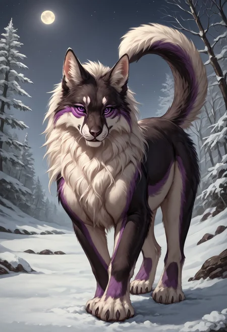score_9, score_8_up, score_7_up,  ng_deepnegative_v1_75t, by reallynxgirl, Expressiveh,  female, ((((feral)))), 1girl, furry_female, solo, furry, animal_ears, tail,moon, night, purple_eyes, long_hair, animal paws, pawpads, seductive pose, lies on its side,  outdoors, claws, looking_at_viewer, tree, forest, cinematic lighting, anime style,  2D, frontal,  snow, detailed background,