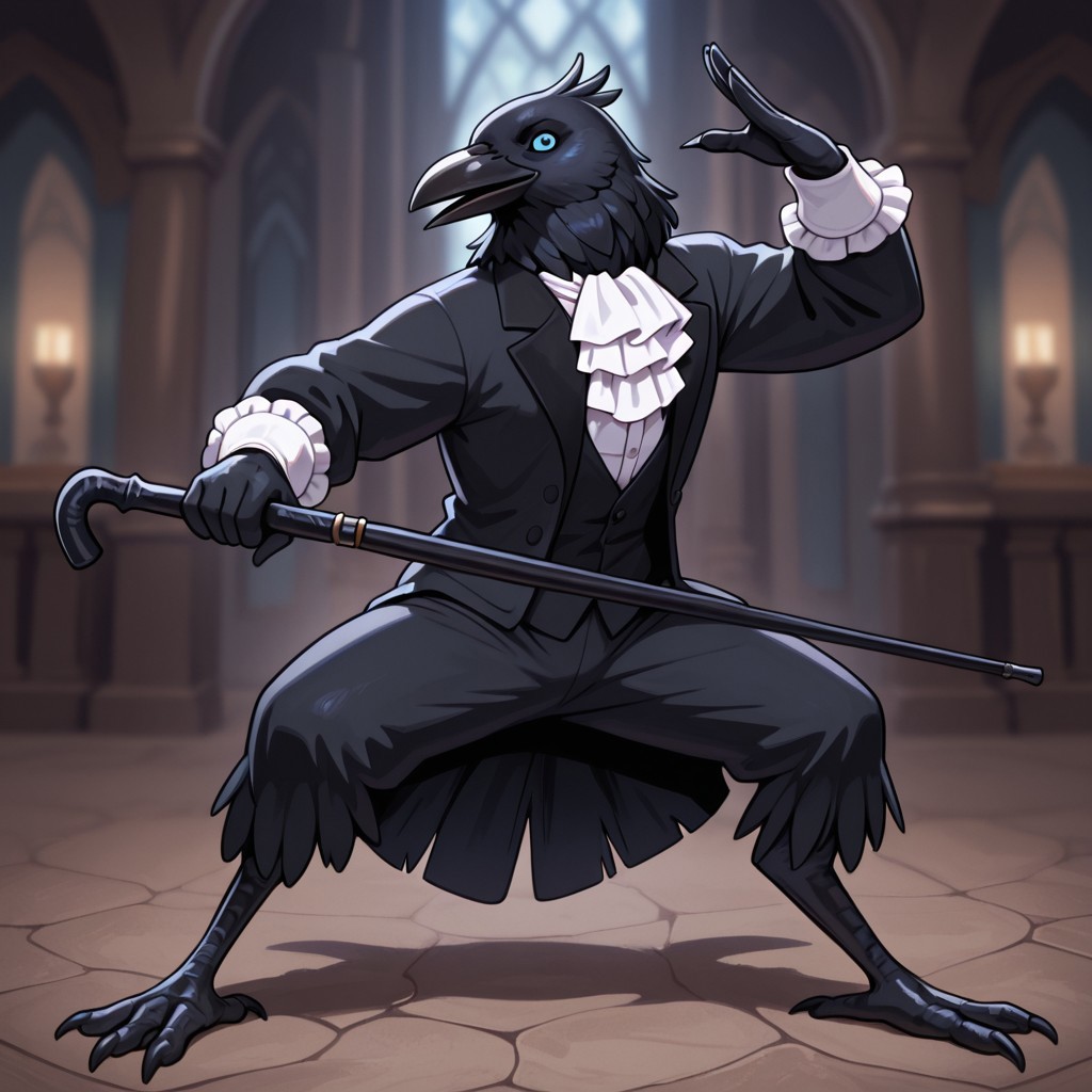 masterpiece, best quality, amazing quality, very aesthetic, solo, dynamic pose, fighting pose,
kenku, anthro bird, anthro crow, plumage,
1 boy, male focus, blue eyes, black tuxedo, white frill, holding a cane,
looking at the viewer, posing, 
fantasy background, blurred background