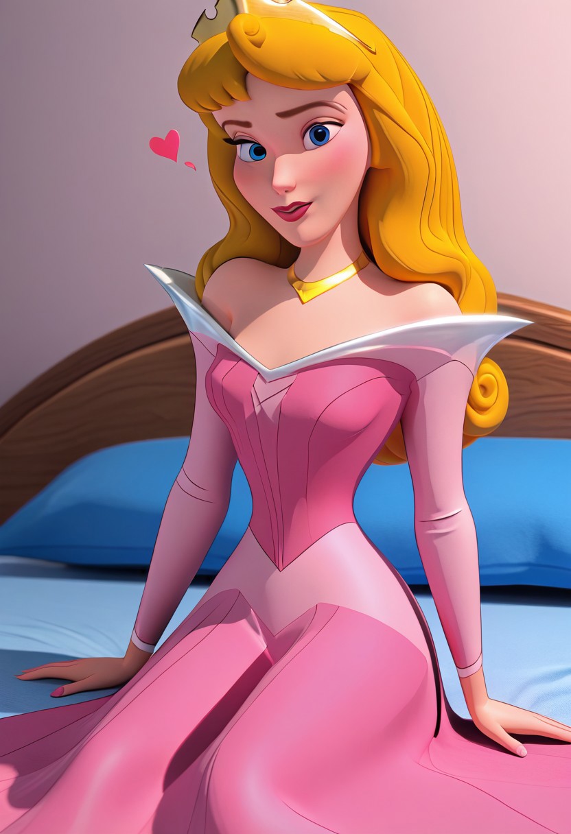 BREAK, 3d, DisneyAurora, 1girl, blonde hair, blue eyes, long hair, solo, sexy, high res, looking at viewer, blushing, show accurate, front, bedroom, indoor, sitting, embarrassed, seductive pose, flirty, heart, breasts, attempt kiss, bed, pink dress, off shoulder, crown