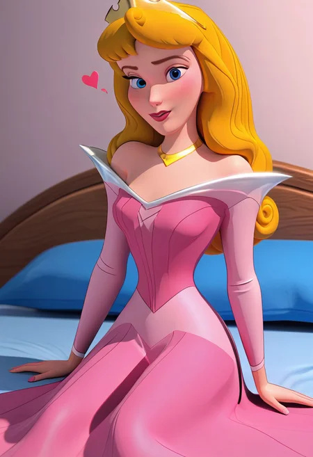 BREAK, 3d, DisneyAurora, 1girl, blonde hair, blue eyes, long hair, solo, sexy, high res, looking at viewer, blushing, show accurate, front, bedroom, indoor, sitting, embarrassed, seductive pose, flirty, heart, breasts, attempt kiss, bed, pink dress, off shoulder, crown