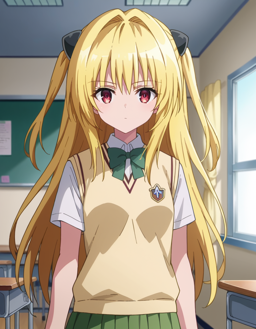 score_9, score_8_up, score_7_up, source_anime,
toloveruyami, <lora:golden-darkness-ponyxl-lora-nochekaiser:1>,
yami, yellow hair, long hair, red eyes, hair ornament, two side up,
school uniform, shirt, white shirt, bow, green bow, skirt, green skirt, pleated skirt, short skirt, sweater, light brown sweater vest, short sleeves,
indoors, classroom,
looking at viewer, cowboy shot, dutch angle, dynamic pose,