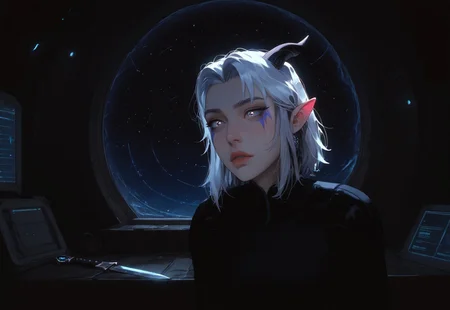 safe_pos, safe_pos, ((score_9_up, score_8_up, score_7_up:1.3)), rating_safe, face closeup, 1girl, Rayla, White Hair, Elf Ears, RayHorns, RayFacepaint, Colored Skin, (very attractive face), wide hips, image from side, (expressive eyes), Raybodysuit, futuristic style, inside loft-style cabin aboard a spaceship, spacious round window-illuminator offering a view of outer space, a large windowsill, Rayla sitting on window seat sharpening a dagger (futuristic computer monitors, gauges, lights:1.1), detailed background, amazing background, neon, glow, glowing, (bioluminescence:1.1), high contrast, dynamic angle, dynamic pose, coy expression, very aesthetic, diffused lighting, every detail illuminated, ultra-detailed, masterpiece artwork, flawless anatomy, easynegative, eye catching, Expressiveh, g0thicPXL, glowing, neon, TDPStyle,