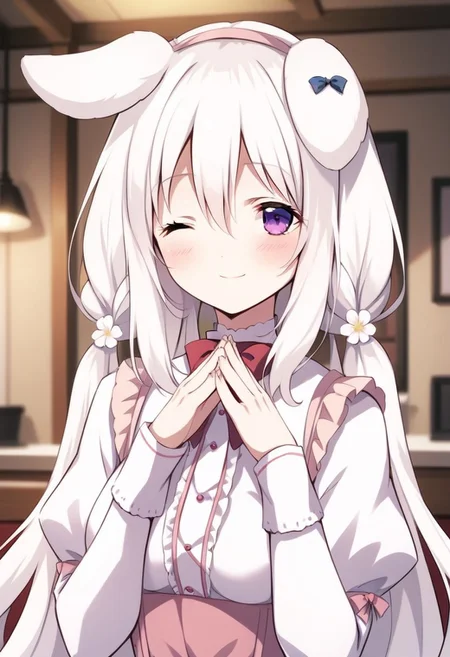 score_9, score_8_up, score_7_up, source_anime, ICHIKA MISONO, 1girl, solo, long hair, looking at viewer, blush, smile, bangs, hair ornament, long sleeves, dress, bow, animal ears, hair between eyes, twintails, very long hair, closed mouth, purple eyes, upper body, flower, white hair, frills, one eye closed, striped, puffy sleeves, indoors, hair flower, wide sleeves, white dress, rabbit ears, blurry, red bow, hands up, depth of field, blurry background, low twintails, blue bow, own hands together, white flower, juliet sleeves, puffy long sleeves, ;\), steepled fingers
