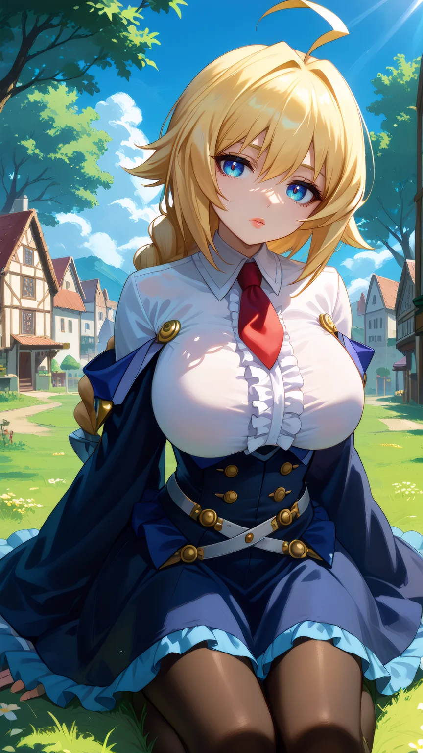 score_9, score_8_up, score_7_up, score_6_up BREAK 1girl, looking at viewer, cowboy shot, mature female,
<lora:Es_Dwnsty:1>, es_def, blue eyes, blonde hair, huge ahoge, single braid, long hair, dress, underbust, center frills, red necktie, white shirt, frills, wide sleeves, skirt, black pantyhose,
large breasts, lips, expressionless, head tilt,
outdoors, grass, blue sky, village, sunlight, on ground, w sitting, wariza, <lora:Wariza__Concept_Lora:1>,