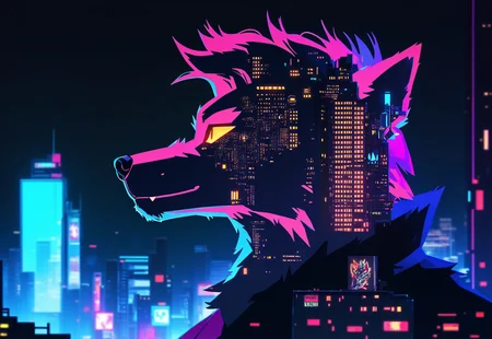 score_9, score_8_up, score_7_up, (masterpiece, best quality:1.3), wolf, anthro, furry, male, solo, upper body, neon, cityscape, black background, Jed-dblexpsre, Jed-dblexpsre effect, double exposure, merged, midjourneyv6.1, by cocadope