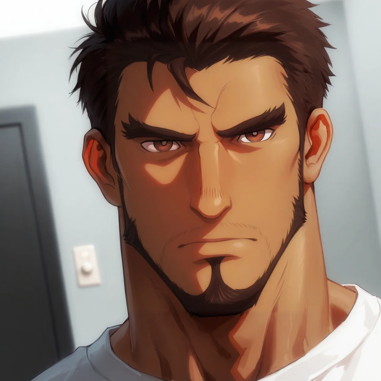 <lora:Gazef_Stronoff-000007:1>,Gazef Stronoff, Brown hair, brown eyes, Dark skin, face focus, close-up, looking at the viewer,
(very short hair, beard, bara, mature, facial hair, stubble), facial hair,male focus, muscular male, muscular male, bara, mature, bara, mature, dutch angle,
aixiwuganda_(20222192), very awa, masterpiece, best quality, absurdres, newest, perfect quality, detailed background, intricate details,
<lora:slider_Body Type_alpha1.0_rank4_noxattn_last:2><lora:style_Anime Summer Days 2 Style SDXL_LoRA_Pony Diffusion V6 XL:.6><lora:slider_cfg_scale_boost:.7><lora:Artist6p:.55> Artist6p, Artist04p,<lora:slider_il_brightness_slider_d1:-1><lora:slider_il_contrast_slider_d1:-1><lora:slider_DarkSlider1.2_alpha1.0_rank16_full_300steps:-.6>