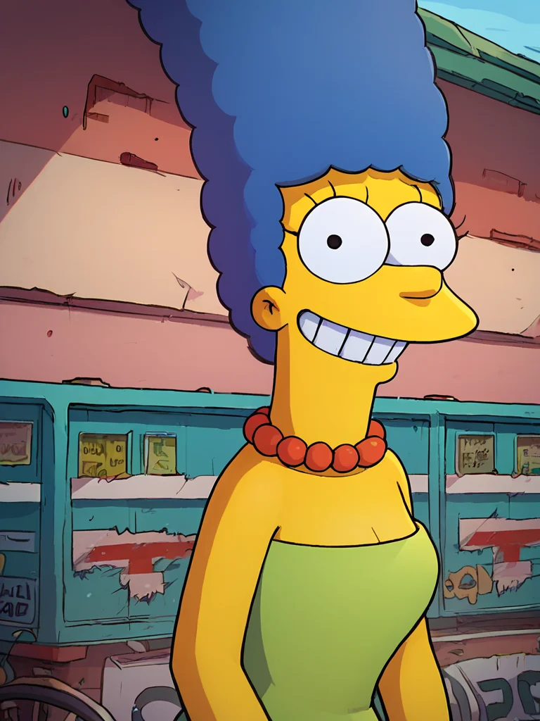 <lora:MargePony1.0:0.95> marges, blue hair, 1girl, solo, yellow skin, pearl necklace,strapless, green dress, smile, score_9, score_8_up, score_7_up, score_6_up, score_5_up, score_4_up, looking at viewer,outdoors, portrait, upper body, grin, <hypernet:FastNegativeV2:1> <hypernet:badhandv4:1> zPDXL flat color,