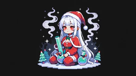 ,masterpiece,best quality,newest, <lora:BongHitIL:1.0> bongil, 1girl, solo, sitting, pixelart , smoke, christmas themed, red outfit, santa hat, dark background