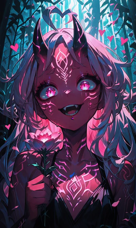 masterpiece,best quality,absurdres,very aesthetic,very awa,highres,newest,year 2024,year 2023,<lora:NLSTN-IL_1412568:1>,nlstn,glowing,dark,<lora:illustrious_quality_modifiers_masterpieces_v1_956369:0.7>,<lora:ponyv4_noob1_2_adamW-000017:0.7>,<lora:spo_sdxl_10ep_4k-data_lora_webui:0.6>,<lora:add-detail-xl:0.9>,<lora:KonyaKarasue-000008:0.4>,<lora:Isha_Illus_XL_1131795:0.6>,ishaILXL,heart ahoge,pink eyes,skinny,multicolored hair,white hair,pink hair,24 yo,24 year old girl,white eyelashes,dynamic background,detailed,womb tattoo,dynamic_angle,flat chest,looking at viewer,facial mark,
masterpiece,best quality,Good quality,very aesthetic,absurdres,newest,1girl,light rays,looking at viewer,solo,Cinematic Lighting,gradient color,gorgeous girl BREAK masterpiece,amazing quality,best quality,ultra-detailed,8K,illustration,CG,ultra-detailed-eyes,detailed background,cute girl,eyelashes,erotic,love,petals falling BREAK (sexy, slutty, hot, aroused),Aka-Oni,oni,colored skin,red skin,smooth horns,black horns BREAK smile,open mouth,curly hair,holding,flower,horns,teeth,makeup,hime cut,portrait,gem,close-up,eyeshadow,short eyebrows,holding flower,headpiece,eyeliner,skin-covered horns,limited palette,