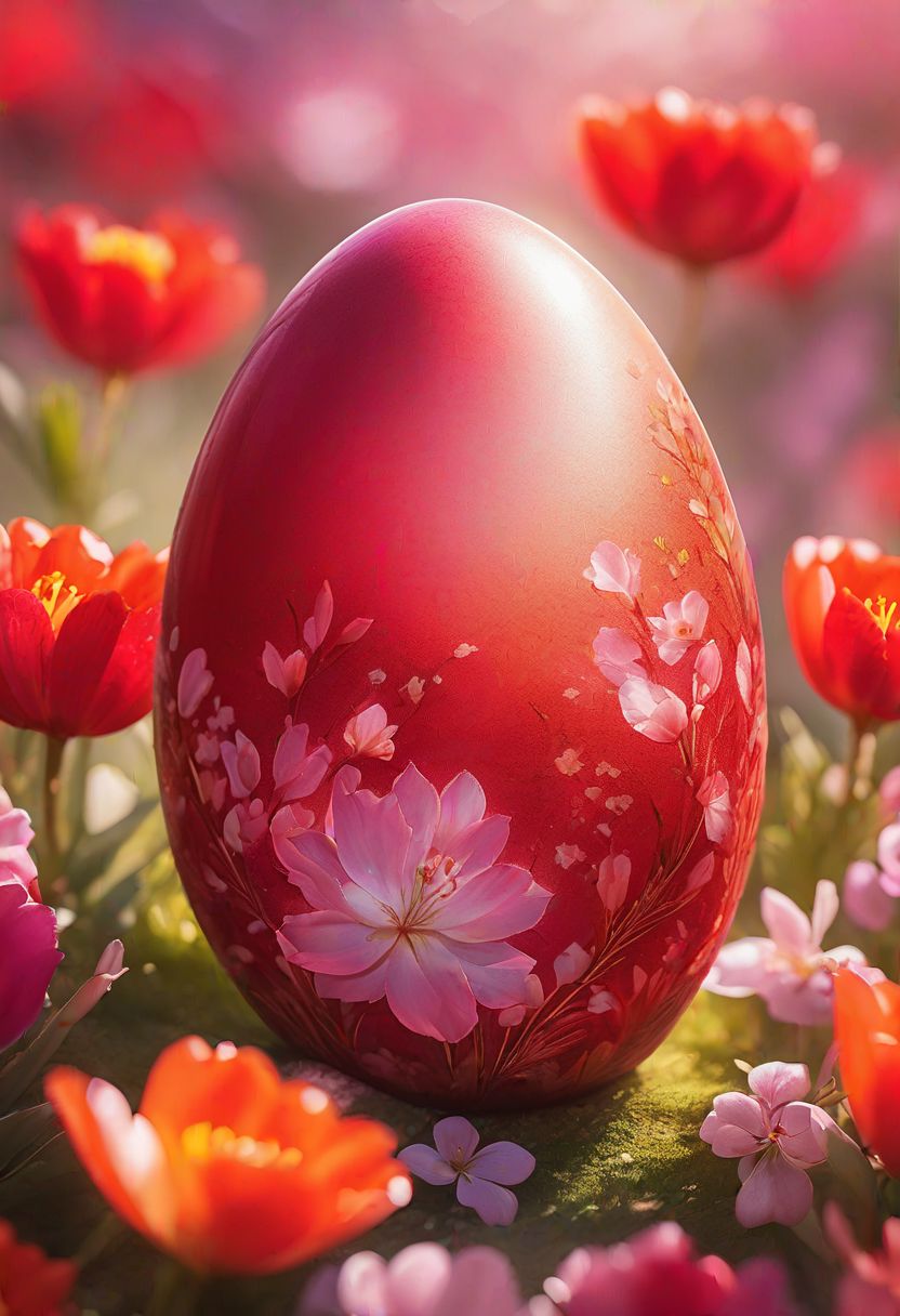 red Easter egg embodying the concept of rebirth, cracked surface revealing emerging, pastel colors dominate the scene, backlight casting a heavenly glow, nestled in a bed of vibrant spring flowers, soft-focus background, bokeh effect, natural light, ultra-fine details, digital painting.
