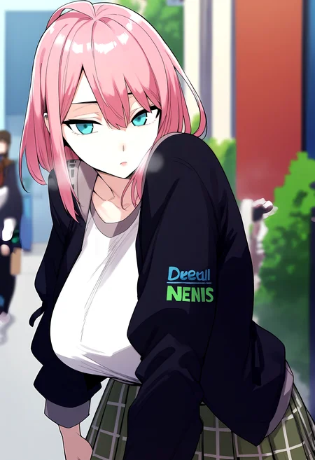 score_9, score_8_up, score_7_up, score_6_up, source_anime, rating_explicit, <lora:neg4all_bdsqlsz_V3.5:2.0>1girl, (solo:1.1), huge breasts, <lora:Cha Si-rinponyxl:1> pink hair, hair between eyes, ahoge, blue eyes, medium hair, aqua eyes, black jacket, collarbone, white shirt, long sleeves, plaid skirt, pleated skirt, expressionless, Narrow shoulders, heavy breathing, steaming body, street, outdoors, looking at viewer