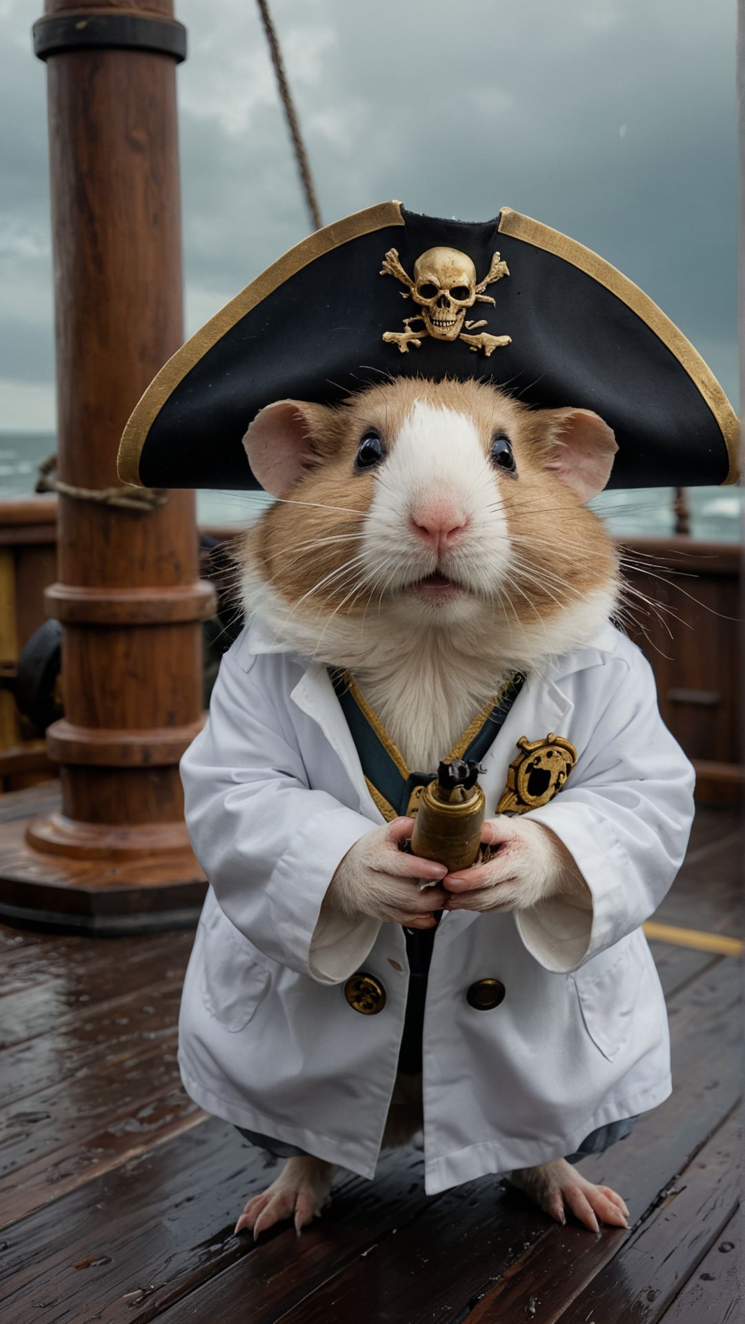 A fierce pirate captain with a tricorne hat and an eyepatch, standing on the deck of a ship during a storm, holding a cutlass, with a parrot on his shoulder A mad scientist hamster in a tiny lab coat, conducting bizarre experiments with miniature beakers and test tubes in a secret lab hidden inside a hamster wheel
Ultra realistic, professional photo, uhd, 8k
<lora:add-detail-xl:1>
<lora:CinematicStyle_v1:0.7>
OverallDetailXL