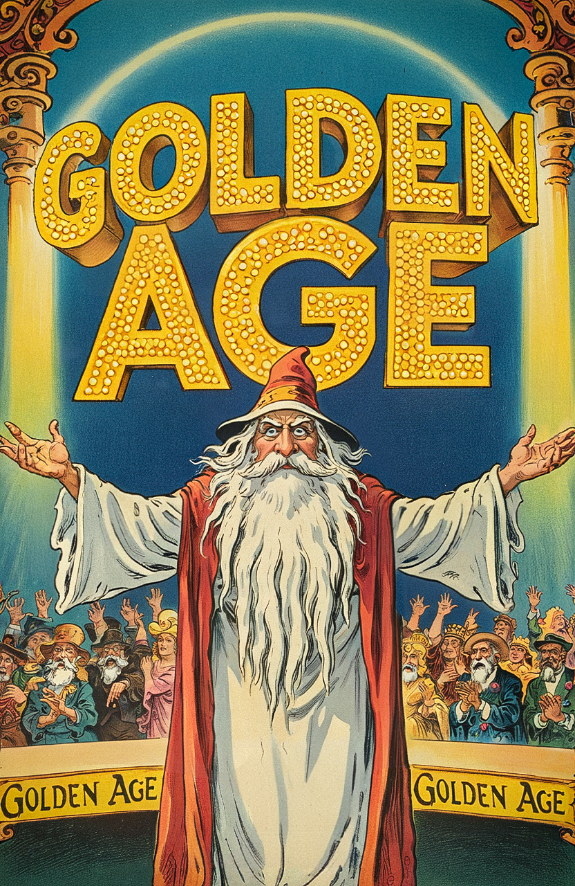 vintage illustration, mysterious wizard whitebeard with arms outstretched, standing in front of a massive illuminated game show sign that reads "Golden Age," bustling crowd in background