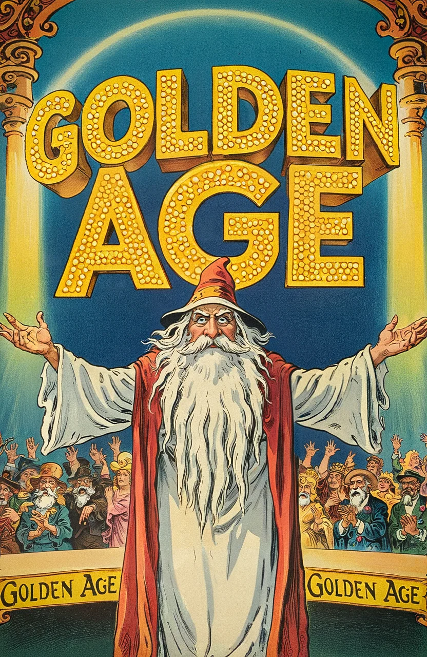 vintage illustration, mysterious wizard whitebeard with arms outstretched, standing in front of a massive illuminated game show sign that reads "Golden Age," bustling crowd in background