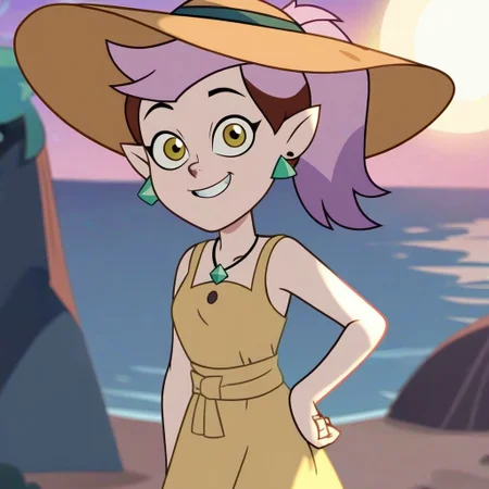 rating_questionable, score_9, score_8_up, score_7_up, score_6_up, score_5_up, score_4_up, BREAK, source_cartoon, source_anime, the_owl_house, show_accurate, accurate_art_style, flat_color, flat_colors, vibrant, the_owl_house_show
Amity_Blight, Adult_Amity_Blight, earrings, triangle_earring, multicolored_hair, purple_hair, pink_hair, brown_hair, ponytail, pointy_ears, pale_skin, yellow_eyes
1girl, beach, morning, hand on waist, pose, looking_at_viewer, smile, sundress, sun_hat, cute, small_smile