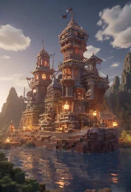 (score_9, score_8_up, score_7_up) masterpiece, (perfect lighting), absurdres, landscape, minecraft, 3d, badlands, blu, rainy, overcast, wet pavement, light reflections, night time setting,
tf2map, degroot keep, castle, flags, upward, lamp posts, (shore), ship, docks, ship yard, boats, ships, bridge, cloudy, scenery, no humans, payload, bombs, flags, pirate bomb, bomb cart, outdoors, light house, towers, torches, midpoint, waterfall, official, <lora:tf2map:1.2>