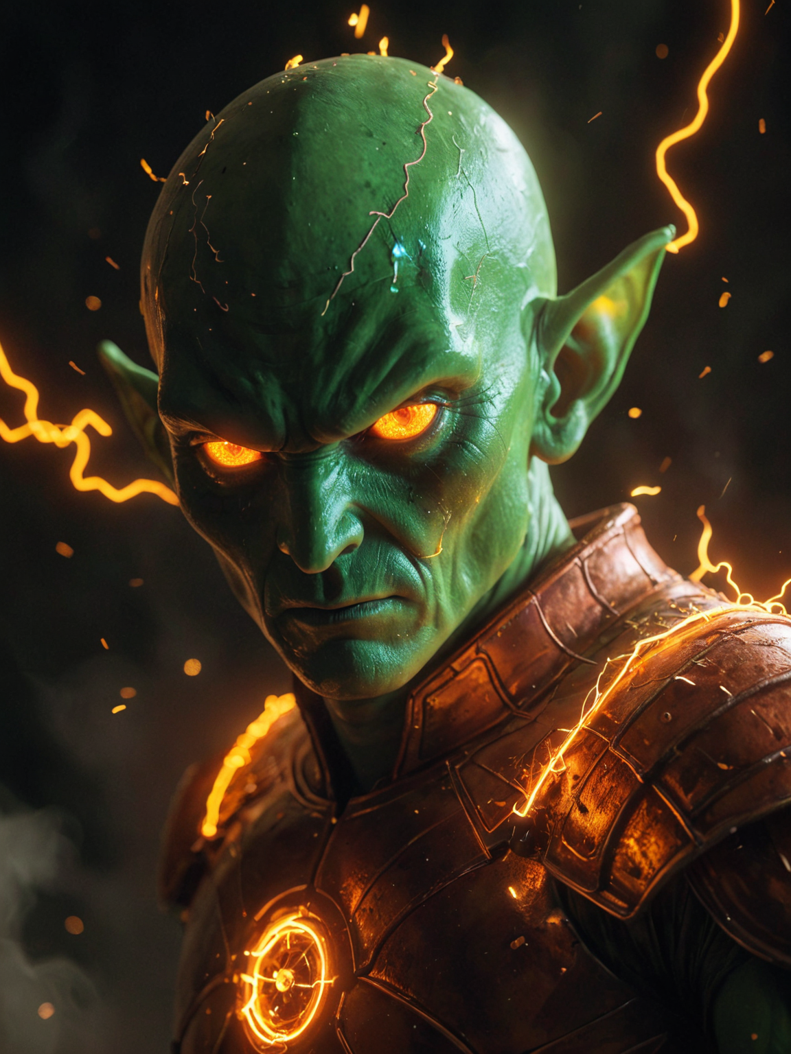 glowneon, photo of glowing Piccolo from DragonBall emitting sparks and electricity, bald with antennas, dark orange, glowing eyes, cinematic film still <lora:glowneon_xl_v1:1> <lora:add-detail-xl:0.8>