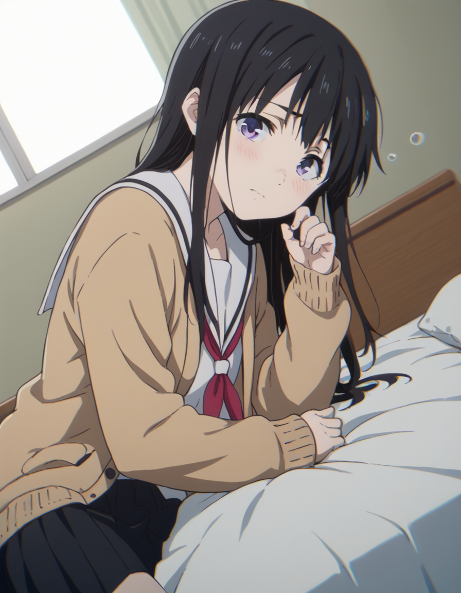 score_9, score_8_up, score_7_up, source_anime,
naokaueno, <lora:naoka-ueno-movie-ponyxl-lora-nochekaiser:1>,
naoka ueno, long hair, bangs, black hair, purple eyes,
school uniform, serafuku, cardigan, sailor collar, skirt, black skirt, pleated, neckerchief, red neckerchief, open clothes,
indoors, bed, bed room, on side, blush, drunk,
looking at viewer, solo, cowboy shot, dutch angle,
