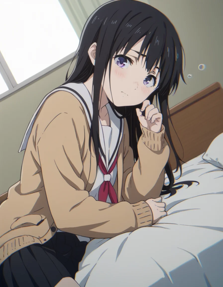 score_9, score_8_up, score_7_up, source_anime,
naokaueno, <lora:naoka-ueno-movie-ponyxl-lora-nochekaiser:1>,
naoka ueno, long hair, bangs, black hair, purple eyes,
school uniform, serafuku, cardigan, sailor collar, skirt, black skirt, pleated, neckerchief, red neckerchief, open clothes,
indoors, bed, bed room, on side, blush, drunk,
looking at viewer, solo, cowboy shot, dutch angle,