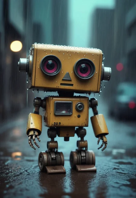 Small robot, cute robot, rectangular body, treaded wheels, compact head, expressive binocular-like eyes, sad and curious appearance, heartbreaking, cute, heavy rain, very sad, lonely, lost place, cyberpunk, desaturated, vibrant colors, dramatic lighting, desaturated background, bokeh, dark theme, soothing tones, depth of field, dramatic backlighting, film grain,