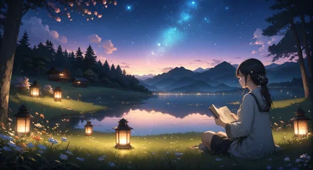 (masterpiece, top quality, best quality, official art, beautiful and aesthetic:1.2)
1girl, sitting on grass, holding a book, night, nighttime sky, lantern lighting up immediate area, stars, end of sunset, colorful sky, peaceful, flowers, fireflies, highly detailed, wide shot,
highres, ultra high res, 4k, 8k, intricate detail, cinematic lighting, amazing quality, wallpaper <lora:aesthetic_anime_v1s:1.2> <lora:fiasco_A1:1> <lora:add_details_xl:1.2>