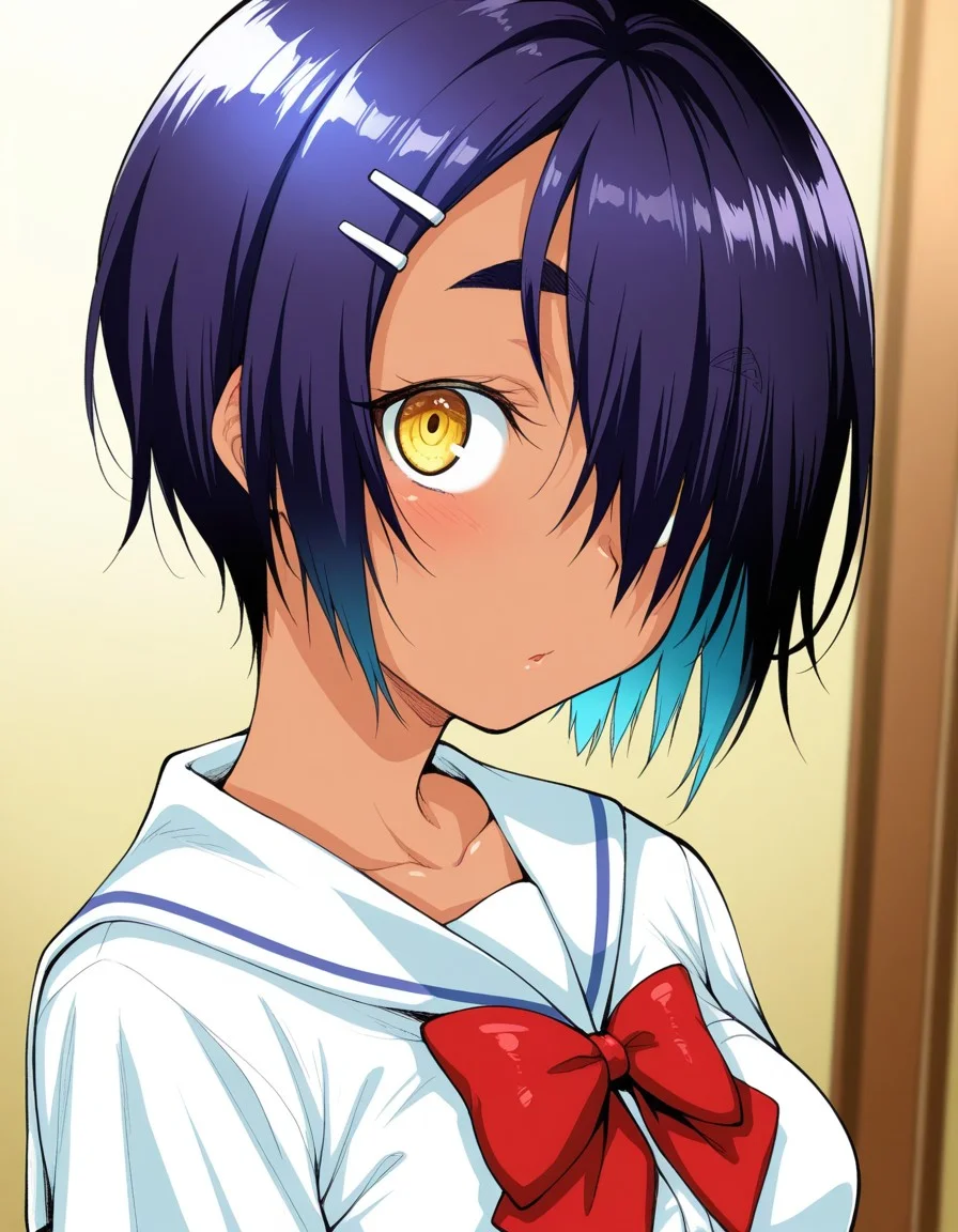 good quality, best quality, masterpiece, absurdres, anime screencap, anime coloring, traditional media, uncensored, 1girl, solo, (portrait:1.2), s3cretd3coration, 1girl, solo, tomboy, dark skin, dark-skinned female, black hair, thick eyebrows, short hair, hair over one eye, yellow eyes, hairclip, medium breasts, school uniform, serafuku, white shirt, white collar, short sleeves, red bowtie, dark blue skirt, pleated skirt, looking at viewer, shiny hair, ultra detailed eyes, depth of field, sharp, intricate details, hyperdetailed, , <lora:0e824170-eb6f-4e9e-85f8-5f48ebe15012:1.0>