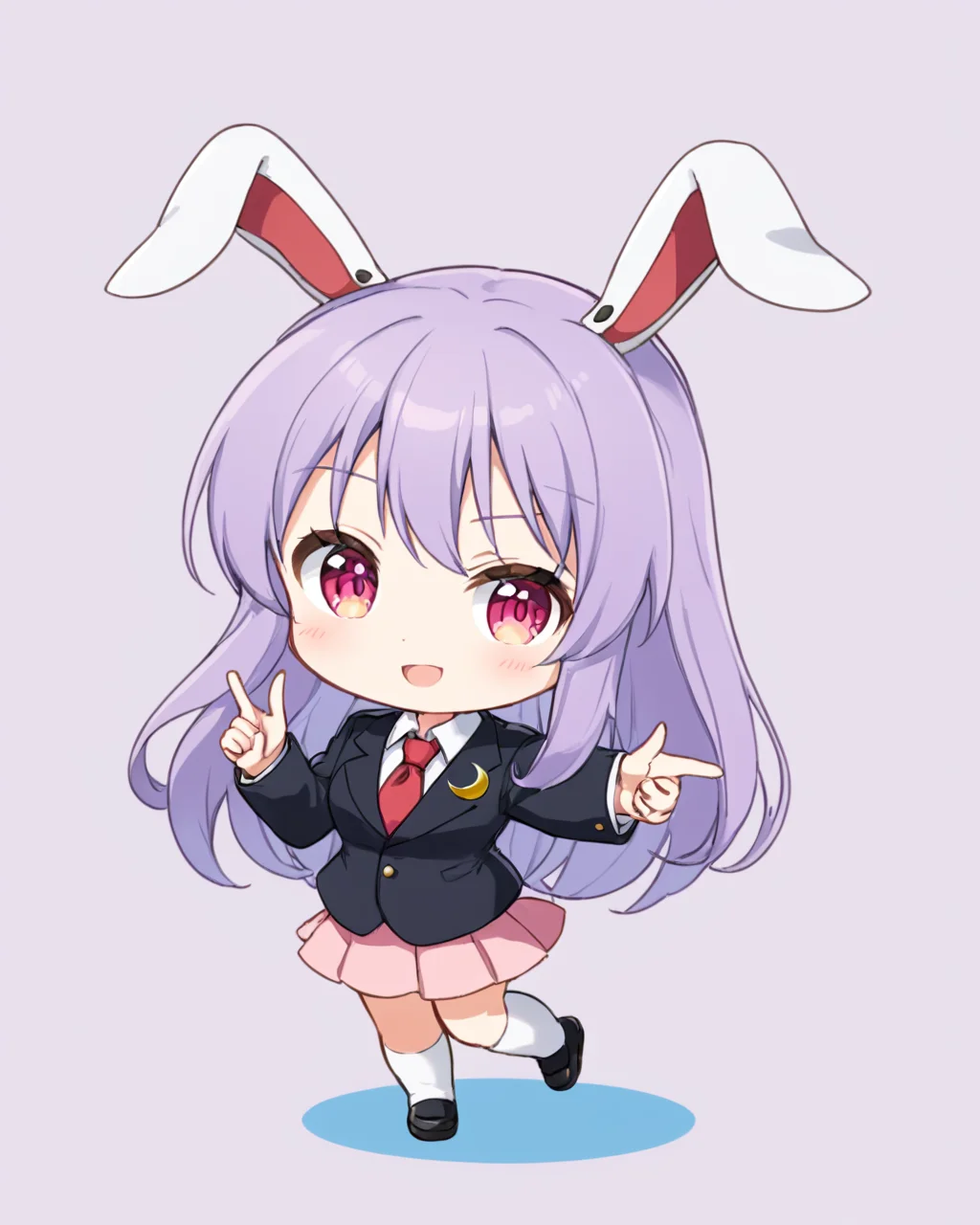 reisen udongein inaba,1girl, one_eye_closed, solo, pink_skirt, white_background, open_mouth, sample_watermark, simple_background, red_necktie, smile, chibi, blazer, full_body, watermark, looking_at_viewer, white_socks, black_jacket, white_shirt, long_sleeves, standing_on_one_leg, ;d, collared_shirt, crescent_pin, finger_gun
<lora:reisen_udongein_inaba_image7606_2023-12-20-000006:1>,star-shaped_pupils,symbol-shaped_pupils,. gorgeous,key visual, vibrant, studio anime,award-winning, professional, highly detailed,high budget, cinemascope