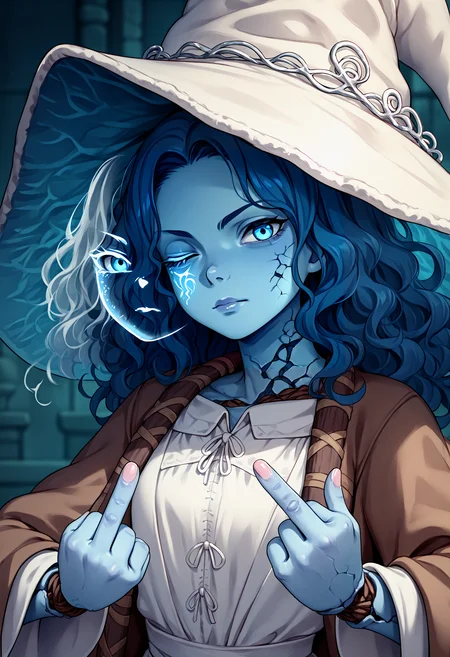 score_9, score_8_up, score_7_up, source_anime, 1girl,  <lora:Ranni_XLPD_CAME:1>, IncrsXLRanni, wavy hair, cracked skin, colored skin, blue skin, (extra faces), (extra arms:1.3), 4arms, doll joints, witch hat, white dress, brown coat, upper body, middle finger, looking at viewer,