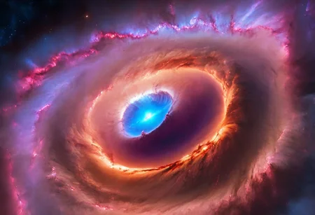 a dynamic and breathtaking image of the universe with vibrant colors and dramatic lighting. Show a swirling nebula in the foreground with bright, intense hues of blue, purple, and pink. In the background, depict a distant galaxy with spiraling arms and scattered stars. Include a supernova explosion, radiating brilliant light, and a mesmerizing black hole at the center, with cosmic debris swirling around it. Add a hint of distant planets and asteroids to create a sense of scale and depth. Make the entire scene feel alive and constantly in motion.