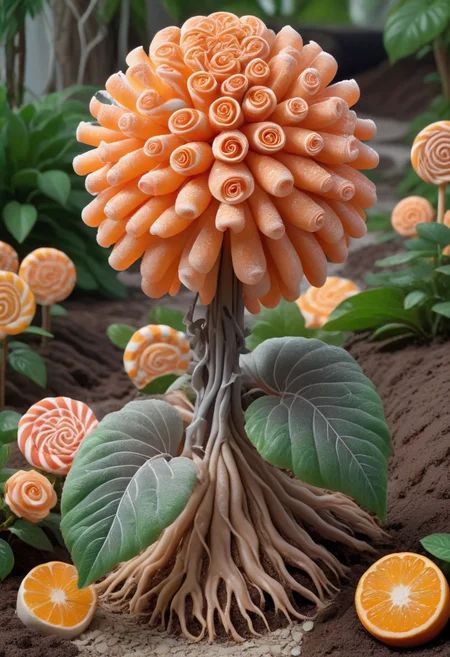 DonMC4ndyL4ndXL oversized light orange rhizome-forming tapered plant, round ruffled leaf, parallel venation, rosette, dentate leaf margin, silvergray syncarp fruit, fibrillose, aposepalous, decussate, branched root <lora:DonMC4ndyL4ndXL:1>